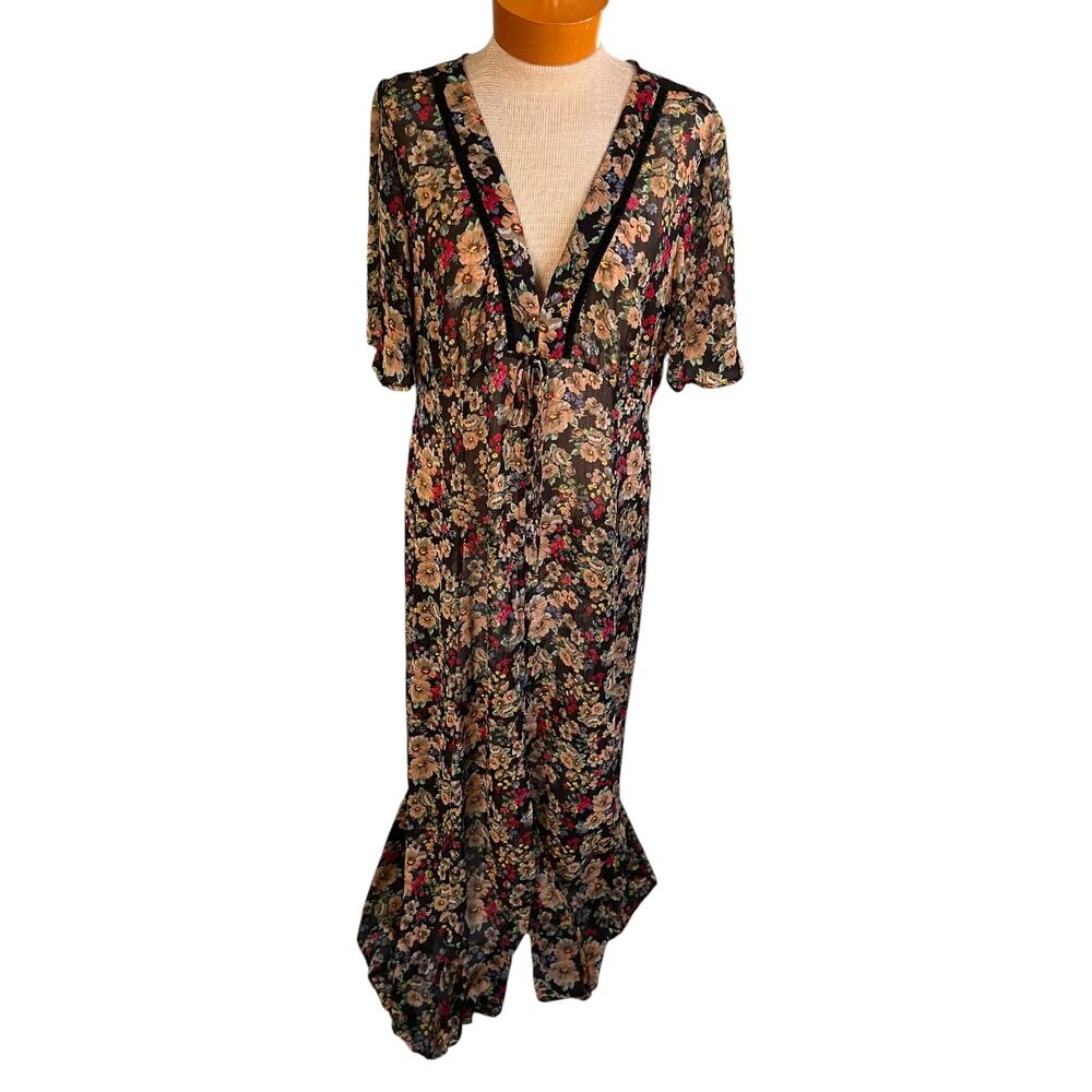 Womens Size Large Sheer Dress Kimono Floral Black Summer